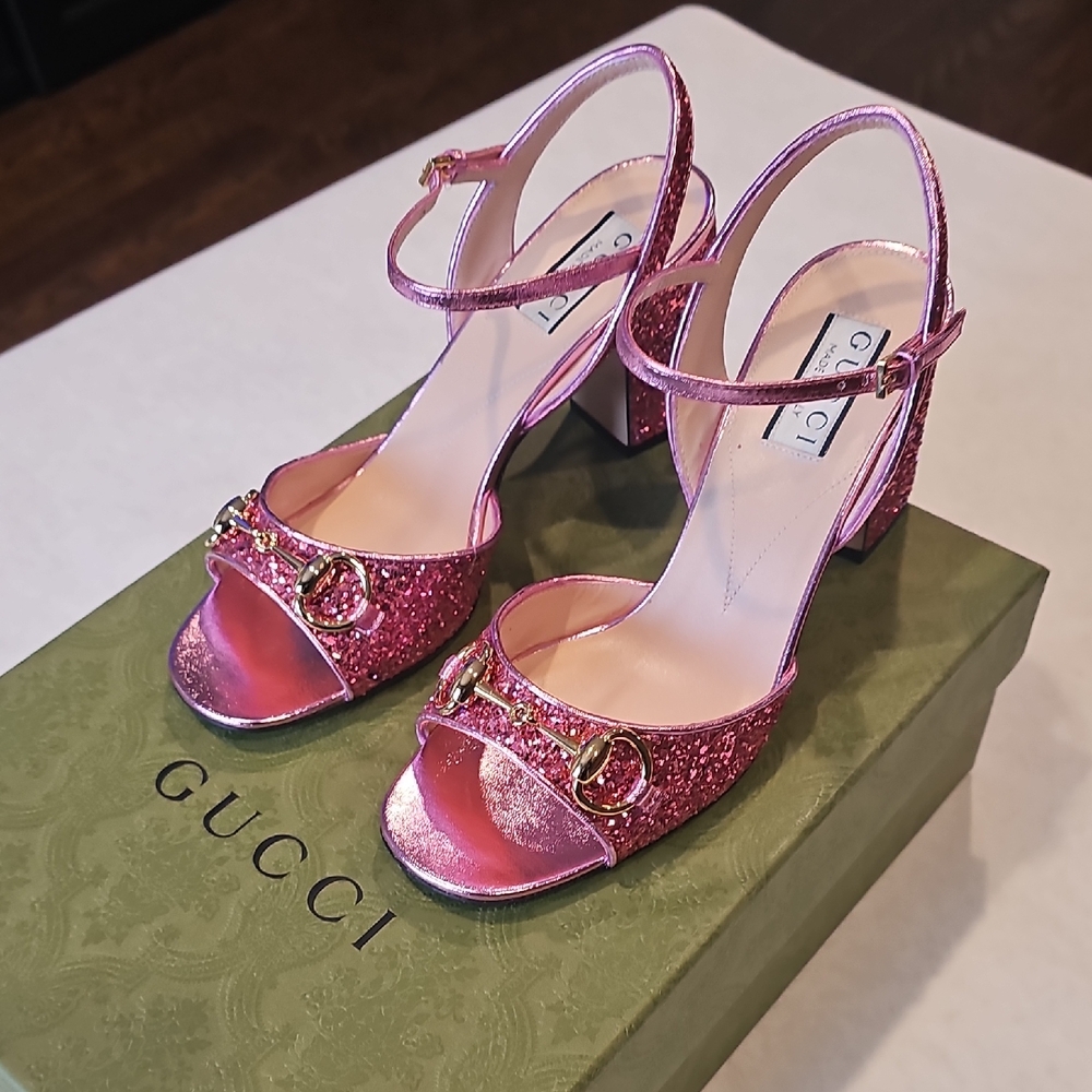 Gucci Pink Glitter Heeled Sandals